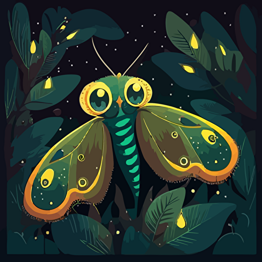 comet moth with big eyes, in a night forest, kawaii, vector illustration, vivid color, cartoon design,