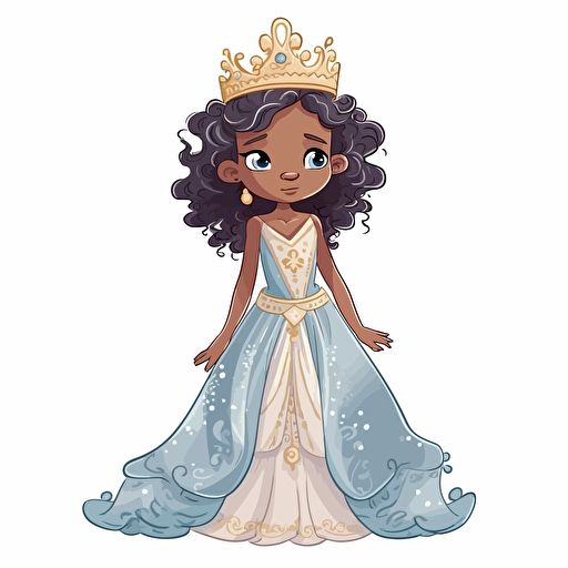 vector illustration full view image of a cute, adorable, beautiful little mix race girl princess standing, wearing a white and blue child gown and a beautiful golden crown.