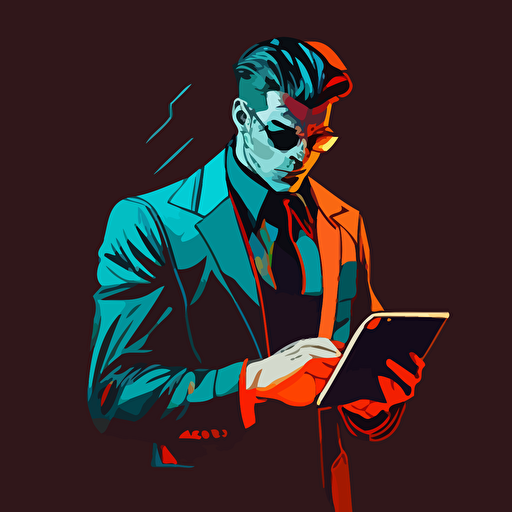 2d vector art, marvel style, man using a suit holding a tablet and looking at it