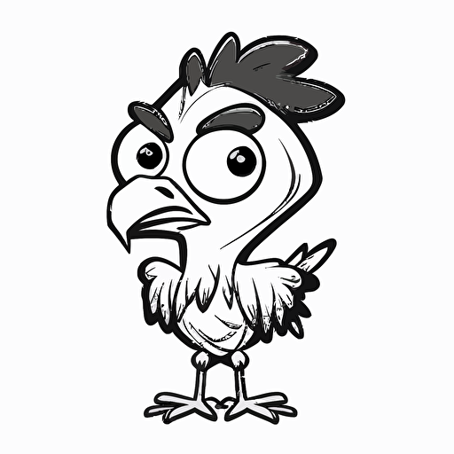 cute rooster in farm, big cute eyes, pixar style, simple outline and shapes, coloring page black and white comic book flat vector, white background