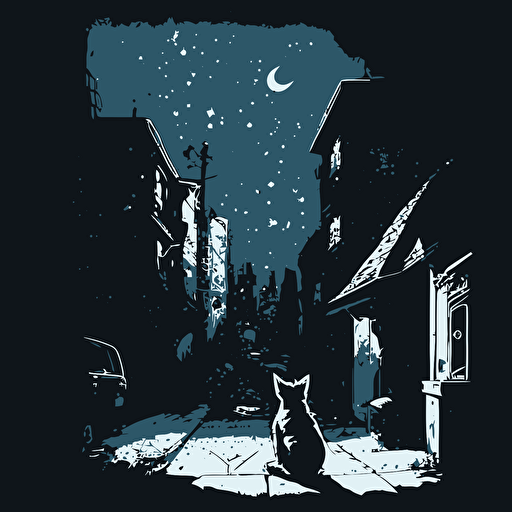 Drawing from Banksy's street art, create a vector illustration of a city alley where animals are painting graffiti on the walls, expressing messages of hope and unity. Set the scene during a starry night.