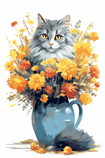 colorful svg vector drawing, a beautiful cat sits near a vase full of flowers