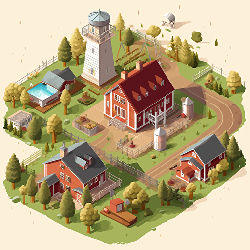 Isometric cartoon vector style image of Midwest farm and house