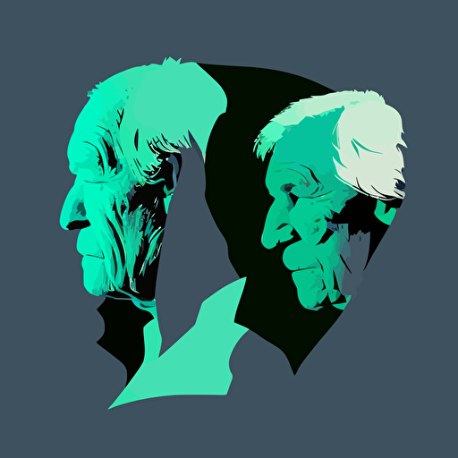 2 elder, Confrontational, Cool & Cocky, blue color, green background, simple design, vector style, white outline over silhouette