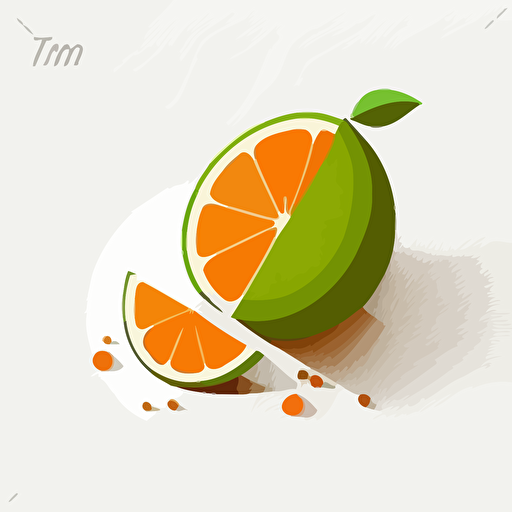 minimalist, orange fruit on the ground with half of a green lime in front, 2d, clean, illustration, vector, white background, cartoon, logo, clean