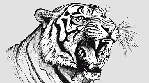 roaring bengal tiger maskot, minimalistic vector line drawing, black ink on white background
