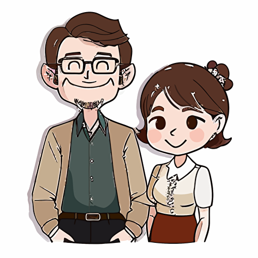 two parents, standing and smiling in front of the camera. white background. cute, cartoonish, vector, manga