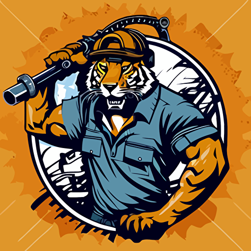 tiger head roaring with muscular man body and hard hat with large pipe wrench resting on shoulder in industrial background in the oil field, vector art, cartoon, white background, tough, dirty, mean, blue collar work, logo vector art**