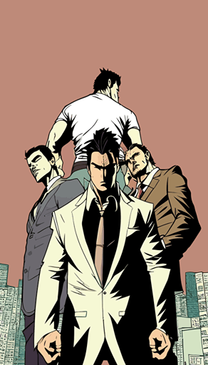 a rooftop scene as a cover, two yakuza gangster holding a man headfirst over the edge of the bulding threatening to let him fall, yakuza, manga comic style, simple vector illustration, flat design, cover, simple city background