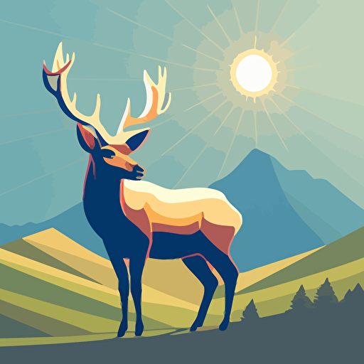 deer in sunglasses with rolling hills in the background and sun with rays at center top flat color vector art