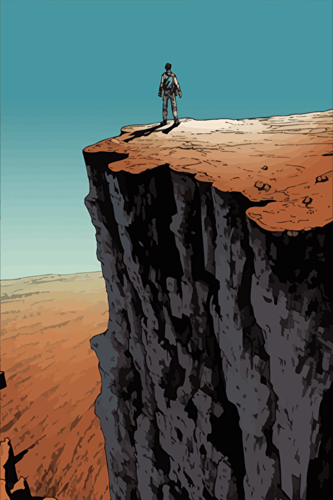 Style of Geof Darrow and Jean Giraud, pastor stands on a precipice overlooking hell ::5.2 , vector art ::6.66 , red, orange, black, white, grey ::1 humans ::-0.5