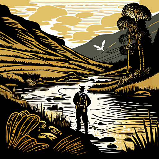a man fly fishing in a dramatic british coutryside scene in the style of a simple woodcut vectorised illustration, simple detail with lots of white