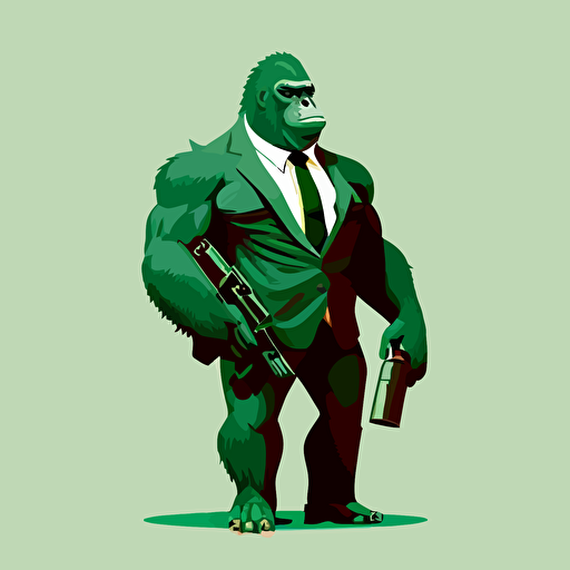 vector illustration of a gorilla in a green tuxedo and a machine gun