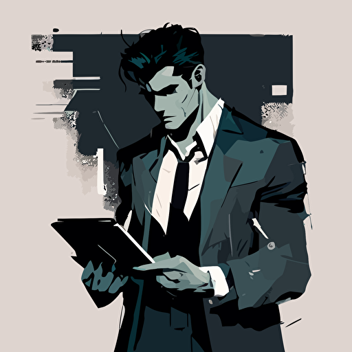 2d vector art, marvel style, man using a suit holding a tablet and looking at it