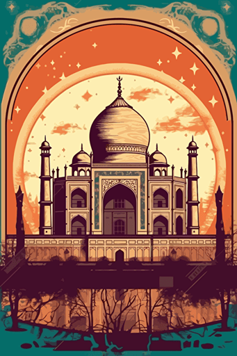 taj mahal postcard, mythic-art nouveau, tachist, vector