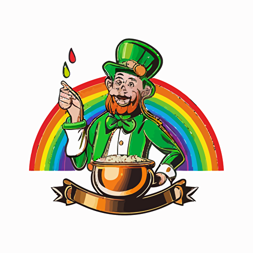 leprechaun at end of rainbow with pot full og bling, vector logo, vector art, emblem, simple cartoon, 2d, no text, white background