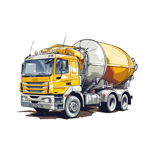 concrete mixer truck, 2D vector style, cartoon, white background, side view