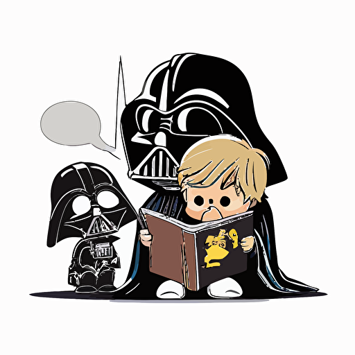 Darth vader reading a bedtime story to child luke skywalker, Clipart, cute, Primary Color, comic style, Contour, Vector, White Background, Detailed