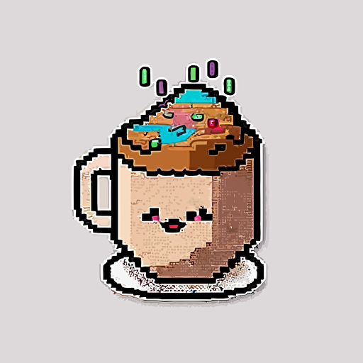 Cappuccino , Sticker, Happy, Neon, Pixel Art, Contour, Vector, White Background, Detailed