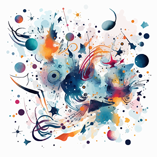 minimalistic, galaxies, stars, randomly distributed whimsical vector digital painting, white background