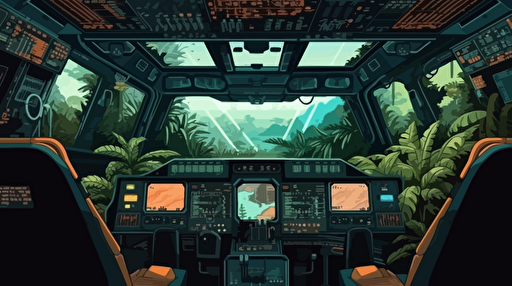 The spaceous cockpit inside a space shuttle that just landed on a foreign jungle planet, complex computers and data instruments line the walls, you can see parts of the jungle planet looking outside of the windows in the cockpit, flat vector illustration