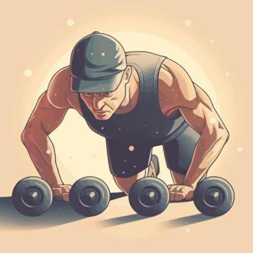 Vector illustration athlete doing push-ups on dumbbells, calm light background