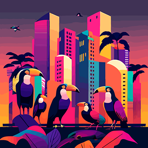 vector illustration of toucan community building their city, friendly, colorful, vaporwave colors, no background color
