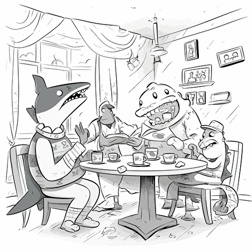 Sharks family: daddy shark, mummy shark, 2 little boys sharks. Morning breakfast. All of them sit around the table, eating sandwiches, drinking tea. Daddy shark reads a newspaper. , Hand-Drawn, Pencil Art, pixar style, simple outline and shapes, coloring page black and white comic book flat vector