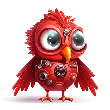 happy, cute, robotic red cardinal bird, big head, large shiny eyes, small wings, small legs, subtle gradients, colorful feathers, vector art, 2d