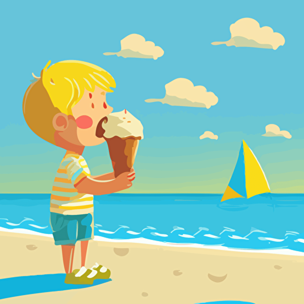 kid holding an ice cream cone on a summer beach, lake view, vector style