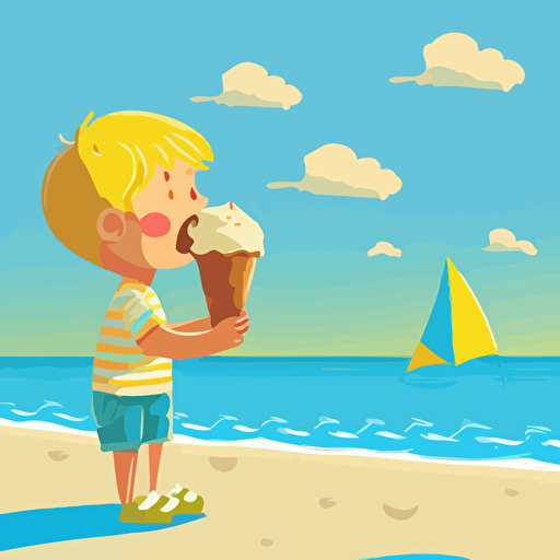 kid holding an ice cream cone on a summer beach, lake view, vector style