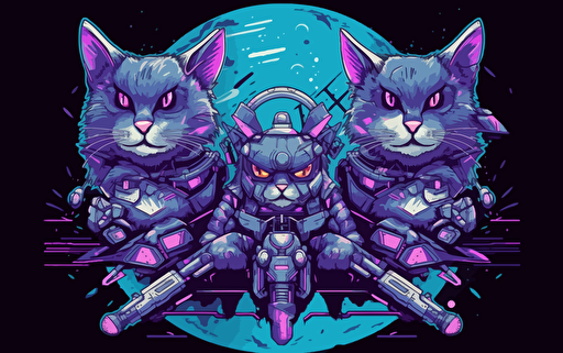 creative logo design of a group of anthromoporphic cats dressed in sci-fi cyberpunk NFT gear with space weapons and with spaceships and planets in detailed background, 2d, purple and blue colors, vector, mural art