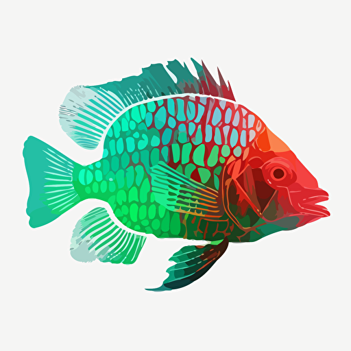 red and green cichlid fish vector logo, transparent human brain overlay