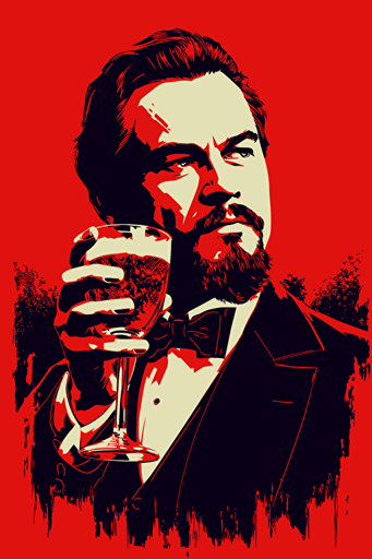 leonardo dicaprio in django unchained holding a glass, front view, poster, vector, gritty, detailed, red background,
