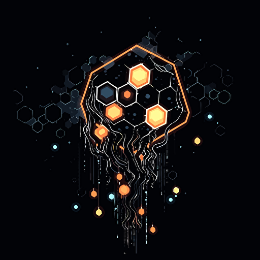 a simple vector logo of a neural network hexagon of elextric energy streams connected to little light bulbs, the object floating on a black background