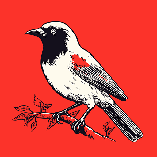 Vector illustration black and white Bellbird calling on red background