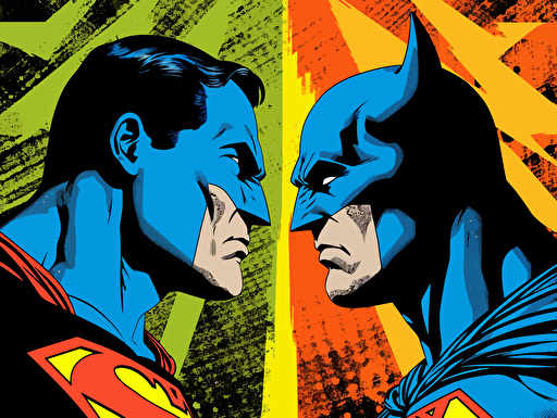pop art poster of batman and superman facing off, vector vibrant colors