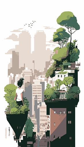 tokyo style rooftops with urban gardens floating like islands over the white clouds, complete sideview, shilouettes of people relaxing in the paradise like gardens, manga comic style, vector illustration, simple flat design, simple white background, isolated