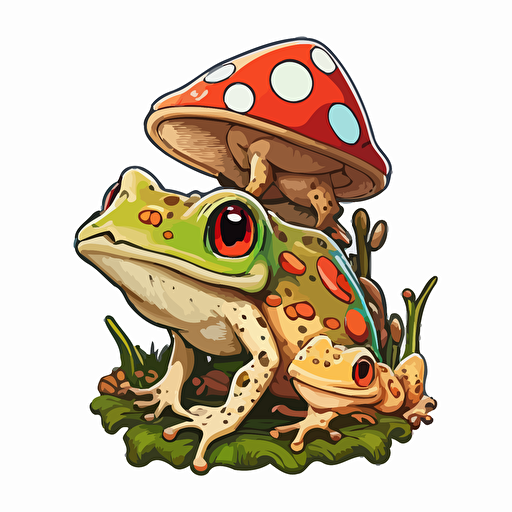 cute frog with toad stools, Sticker, Cute, Secondary Color, Retro, Contour, Vector, White Background, Detailed