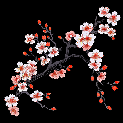 vector art, black backround, 2D, japanese blossom, one blossom