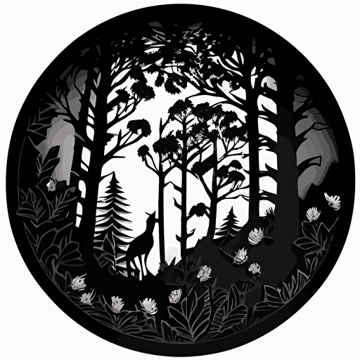 laser cut forest, monotone, single layer, no shadows, #000000, 70mm diameter perfect circle, black outer border, vector art