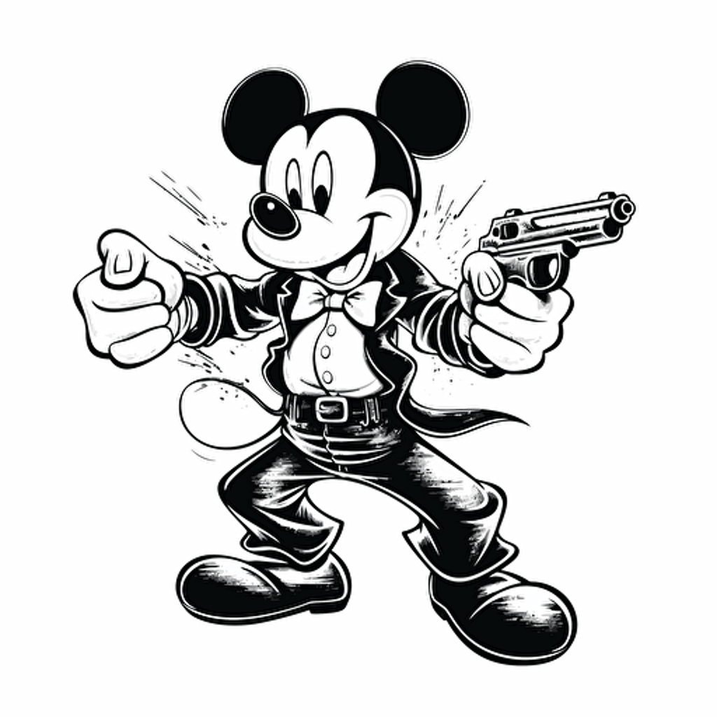 mickey mouse dodging bullets isolated on white background, vector illustration, black and white, logo