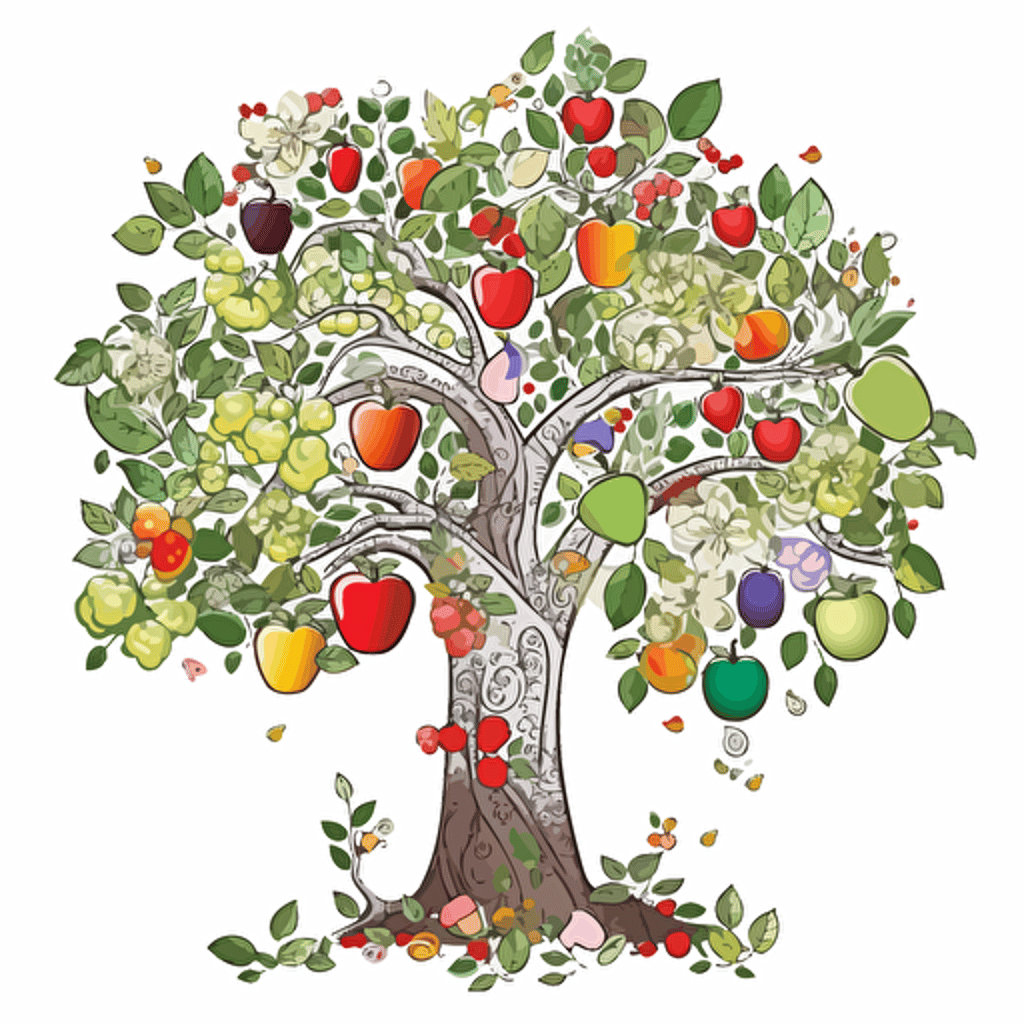 a tree with a variety of different types and colors of fruit growing off of its branches, STICKER, fun mood, earthen colors, in a modern, CONTOUR, VECTOR, WHITE BACKGROUND, high detail,