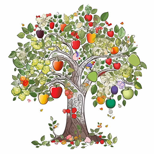 a tree with a variety of different types and colors of fruit growing off of its branches, STICKER, fun mood, earthen colors, in a modern, CONTOUR, VECTOR, WHITE BACKGROUND, high detail,