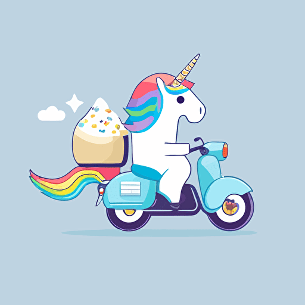 unicorn delivers on a motorcycle, simple flat style, picture, cartoon, vector, white background