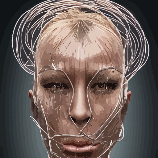organic cyborg head wrapped barb wire hajime sorayama jamie coreth trending artstation centered symmetrical cinematic lighting electric hair bilateral symmetry 80s poster polished thick smoke retro dark vintage sci fi 2d matte illustration