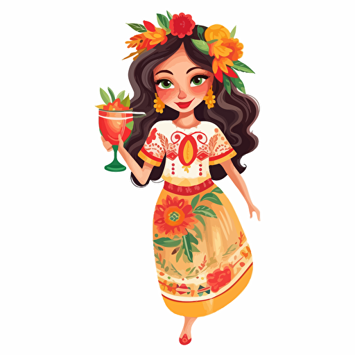 a girl in a mexican clothes holding a cocketail in white background illustration, vector