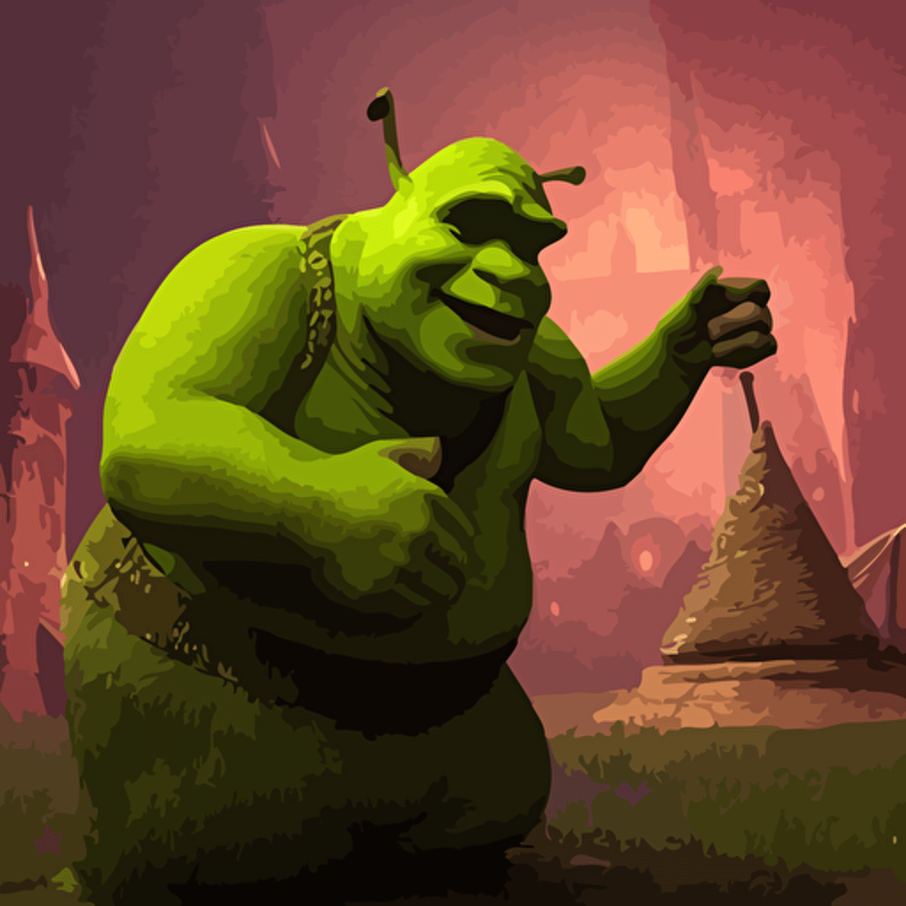 shrek dark souls boss art mike winkelmann power auras sigils tattered cloth robes substance 3d painter pbr textures physical based rendering cinematic hyper realism high detail octane render unreal engine 8k vibrant colors smooth gradients high contrast depth field aperture