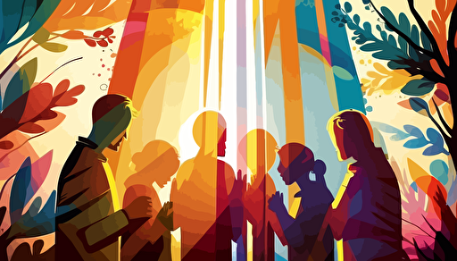 vector art, richly colored ranimated people, group, praying together, sunny background