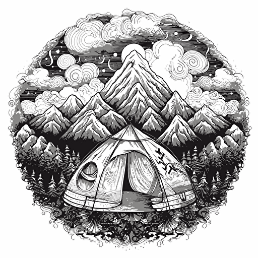 rolling mountains, single dome backpacking tent, campfire atmospheric clouds vector doodles ilustration minimalistic sacred geometry in a circular pattern, angelic, dynamic lighting